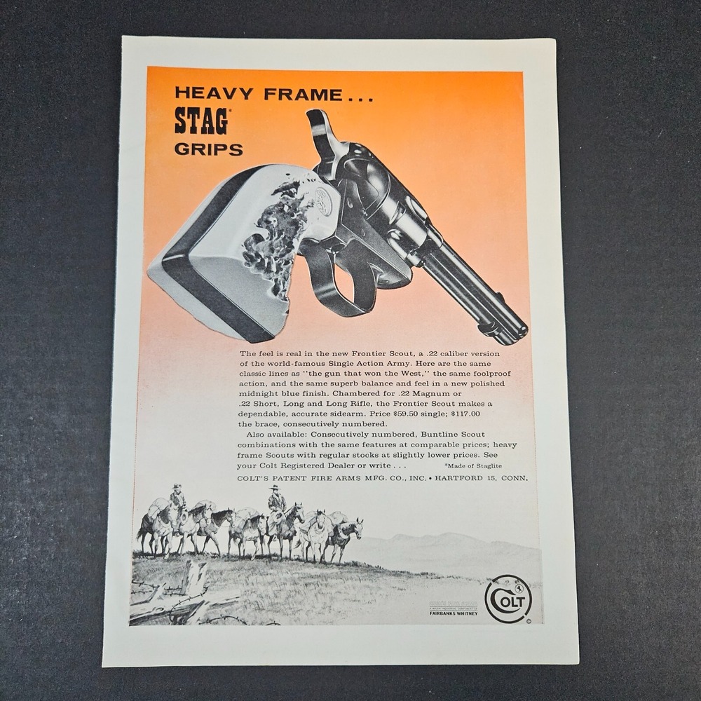 1962 Colt Firearms Heavy Frame Stag Grips‎ Vintage Print Ad Staglite Harford CT